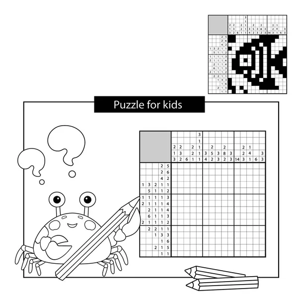 Educazione Puzzle Game per i bambini della scuola. Pesce. cruciverba giapponese in bianco e nero con risposta. Nonogramma con risposta. cruciverba grafica. Disegno da colorare Contorno di granchio di mare. Libro da colorare per bambini — Vettoriale Stock