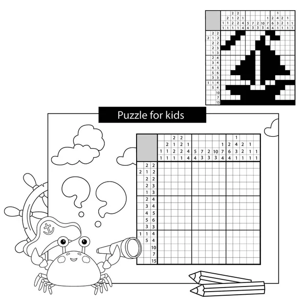 Educazione Puzzle Game per i bambini della scuola. Nave. cruciverba giapponese in bianco e nero con risposta. Nonogramma con risposta. cruciverba grafica. Disegno da colorare Contorno di granchio di mare. Libro da colorare per bambini — Vettoriale Stock