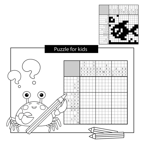 Edukacyjne Puzzle gra dla dzieci w wieku szkolnym. Ryb. Czarno-białe Japońska krzyżówka z odpowiedzi. Nonogram z odpowiedzi. Graficzny krzyżówka. Kolorowanki Strona konspektu z kraba morze. Kolorowanka dla dzieci — Wektor stockowy