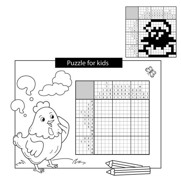 Образовательная головоломка для школьников. Цыпочка. Черно-белый японский кроссворд с ответом. Нонограмма с ответом. Графический кроссворд. Раскрашивание контура курицы. Раскраска для детей — стоковый вектор
