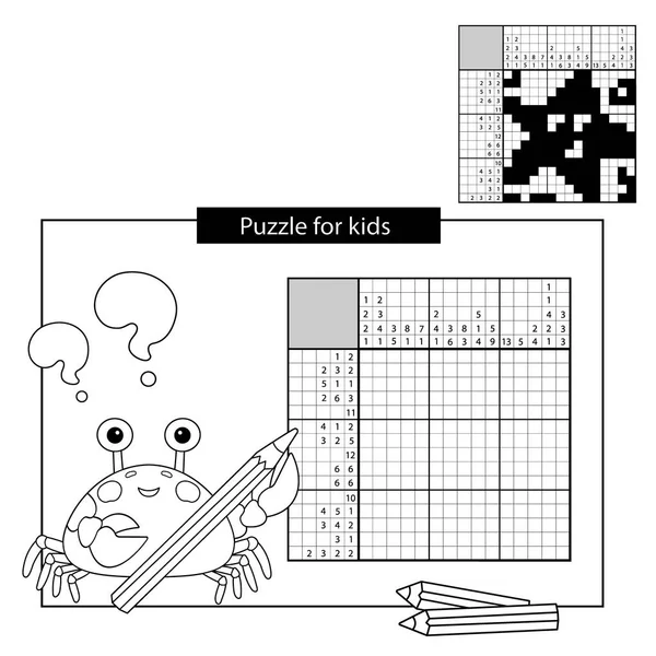 Education Puzzle Game pour les enfants de l'école. Étoile de mer. Mot croisé japonais noir et blanc avec réponse. Nonogramme avec réponse. Mots croisés graphiques. Coloriage Aperçu du crabe de mer. Livre à colorier pour enfants — Image vectorielle