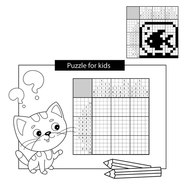 Education Puzzle Game pour les enfants de l'école. Aquarium avec poissons. Mot croisé japonais noir et blanc avec réponse. Nonogramme avec réponse. Mots croisés graphiques. Coloriage contour de petit chat. Livre à colorier pour enfants — Image vectorielle