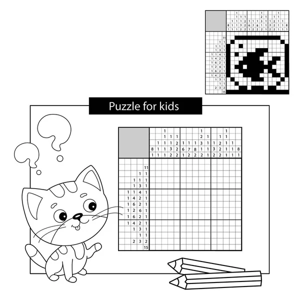 Educazione Puzzle Game per i bambini della scuola. Acquario con pesci. cruciverba giapponese in bianco e nero con risposta. Nonogramma con risposta. cruciverba grafica. Disegno da colorare Outline Of little cat. Libro da colorare per bambini — Vettoriale Stock