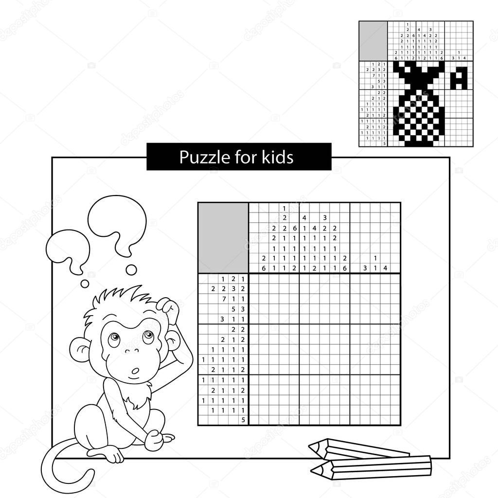 Cartoon Vector Illustration of Education Puzzle Game for school Children. Ananas. Black and white japanese crossword with answer. Nonogram with answer. Graphic crossword. Coloring Page Outline Of monkey. Coloring book for kids.