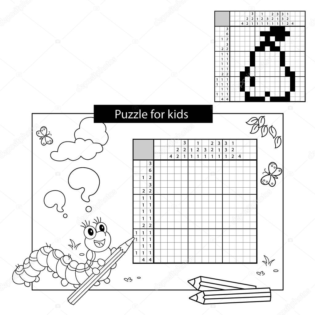 Education Puzzle Game for school Children. Pear. Black and white japanese crossword with answer. Nonogram with answer. Graphic crossword. Coloring Page Outline Of caterpillar with pencil. Coloring book for kids