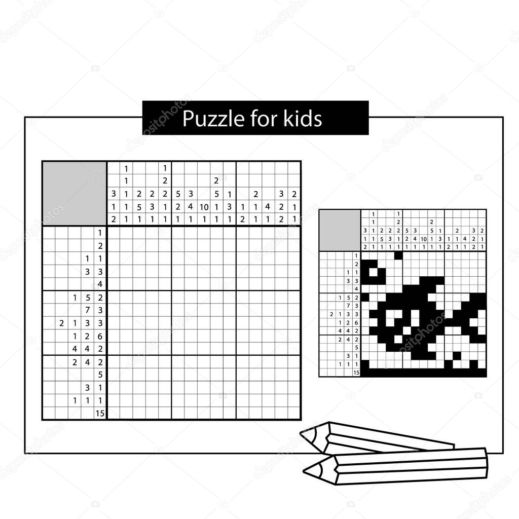 Fish. Marine life. Black and white japanese crossword with answer. Nonogram with answer. Graphic crossword. Puzzle game for kids.