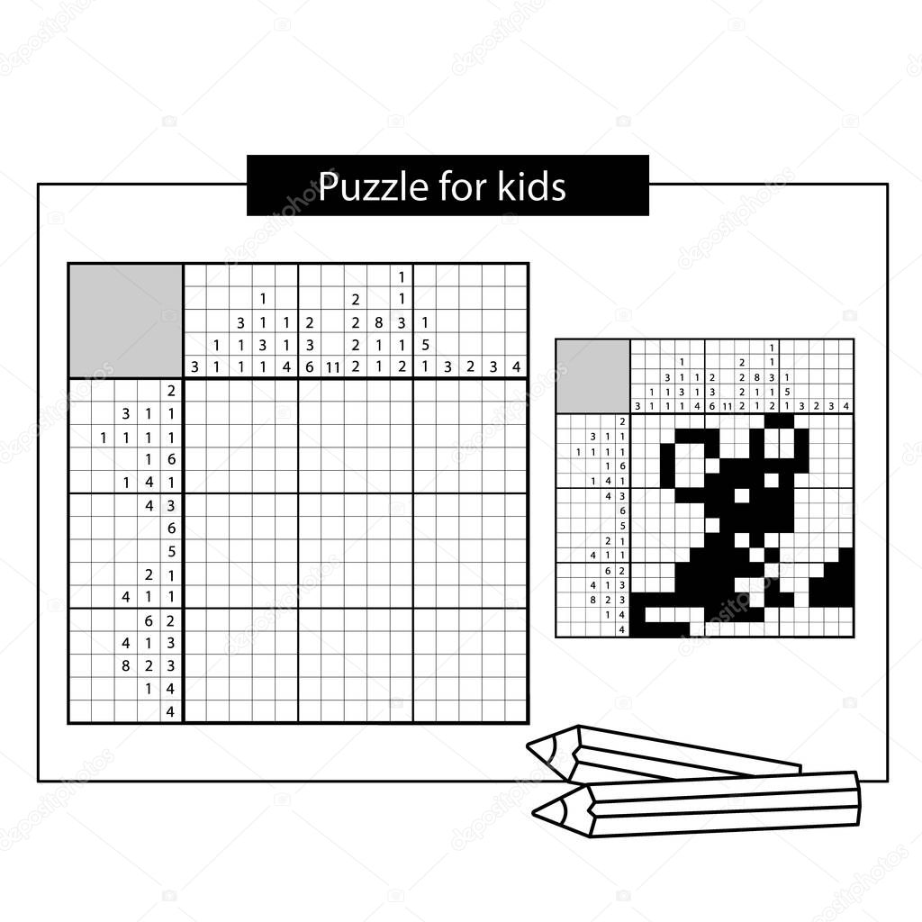 Mouse. Black and white japanese crossword with answer. Nonogram with answer. Graphic crossword. Puzzle game for kids.