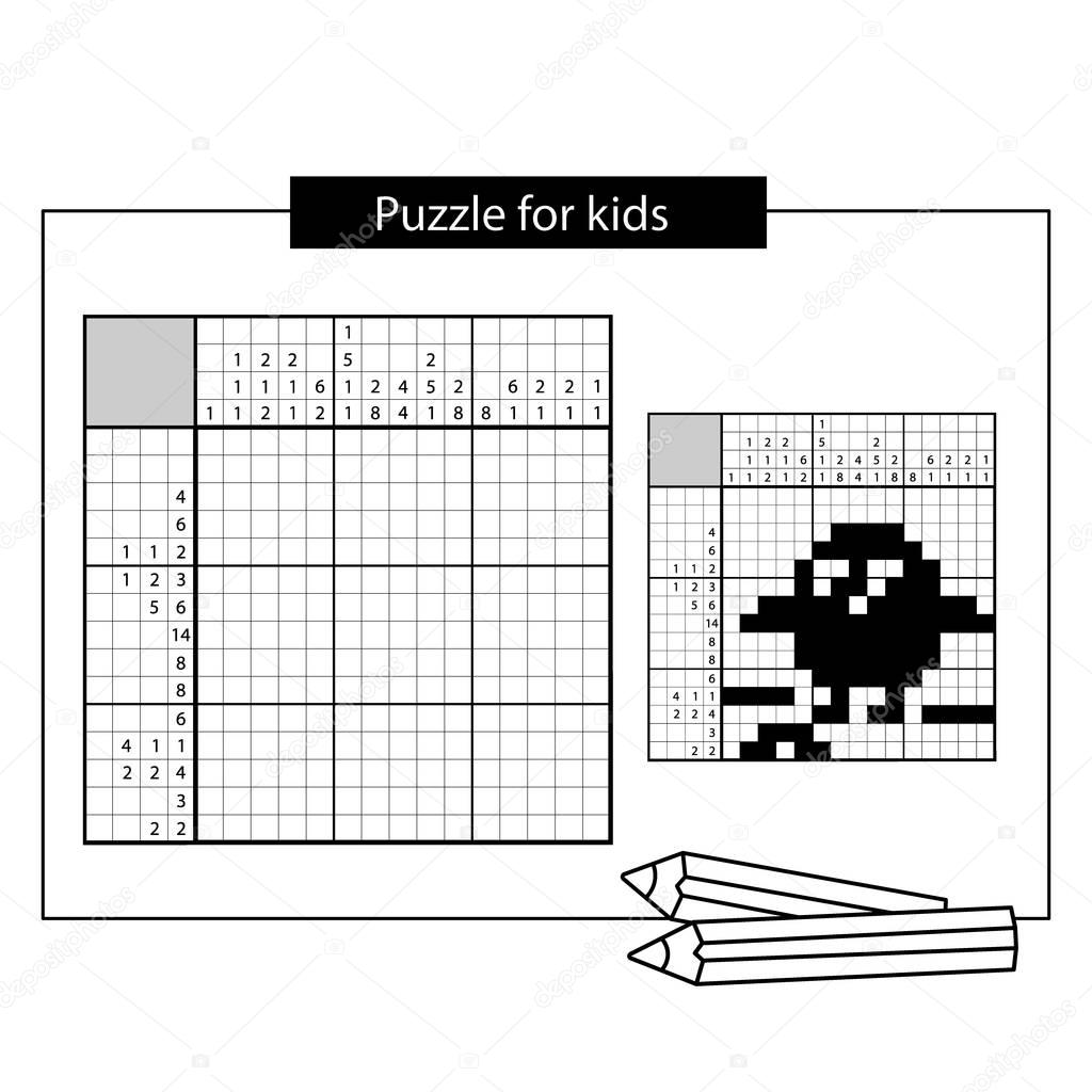 Chick with worm. Black and white japanese crossword with answer. Nonogram with answer. Graphic crossword. Puzzle game for kids