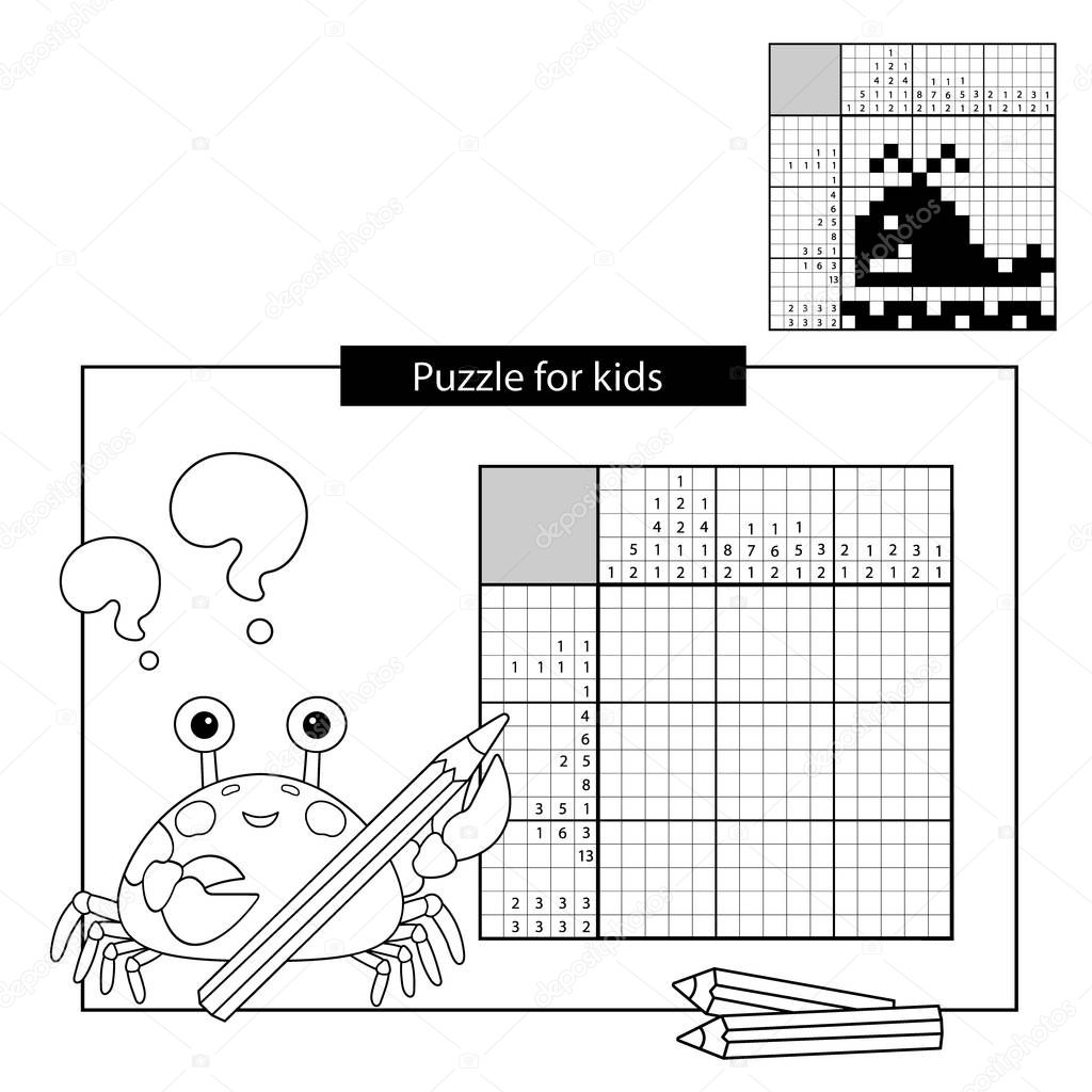 Education Puzzle Game for school Children. Whale. Black and white japanese crossword with answer. Nonogram with answer. Graphic crossword. Coloring Page Outline Of sea crab. Coloring book for kids