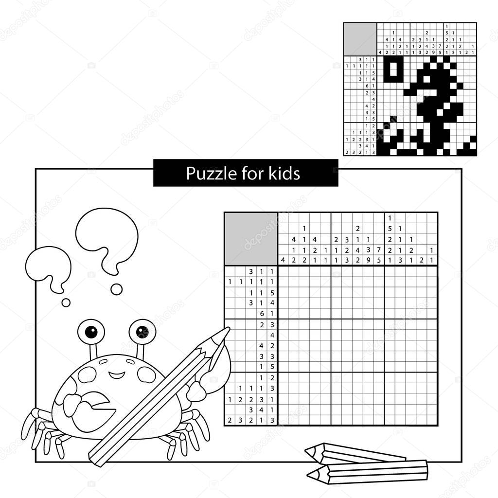 Education Puzzle Game for school Children. Seahorse. Black and white japanese crossword with answer. Nonogram with answer. Graphic crossword. Coloring Page Outline Of sea crab. Coloring book for kids