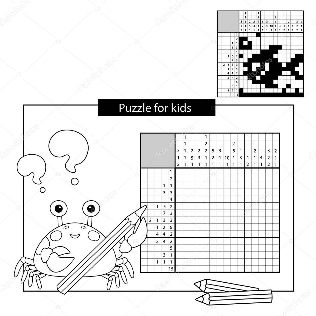 Education Puzzle Game for school Children. Fish. Black and white japanese crossword with answer. Nonogram with answer. Graphic crossword. Coloring Page Outline Of sea crab. Coloring book for kids