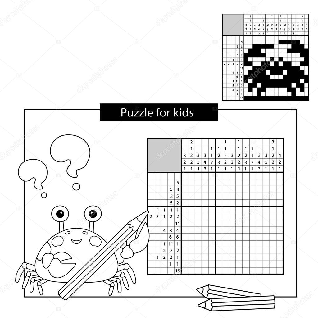 Education Puzzle Game for school Children. Crab. Black and white japanese crossword with answer. Nonogram with answer. Graphic crossword. Coloring Page Outline Of sea crab. Coloring book for kids