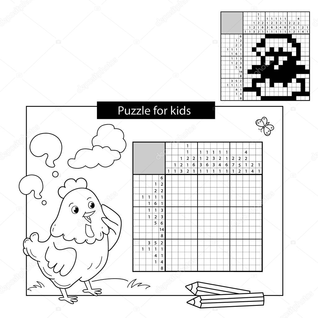 Education Puzzle Game for school Children. Chick. Black and white japanese crossword with answer. Nonogram with answer. Graphic crossword. Coloring Page Outline Of chicken. Coloring book for kids