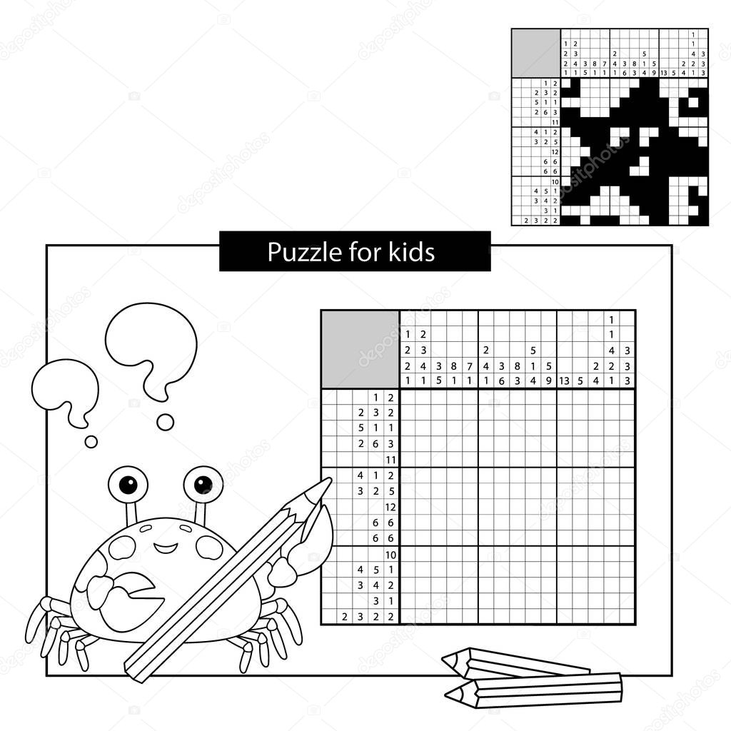 Education Puzzle Game for school Children. Starfish. Black and white japanese crossword with answer. Nonogram with answer. Graphic crossword. Coloring Page Outline Of sea crab. Coloring book for kids