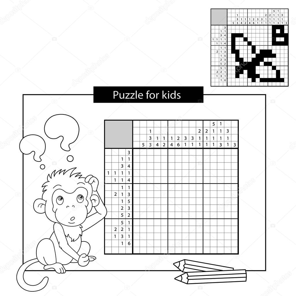 Education Puzzle Game for school Children. Banana. Black and white japanese crossword with answer. Nonogram with answer. Graphic crossword. Coloring Page Outline Of monkey. Coloring book for kids