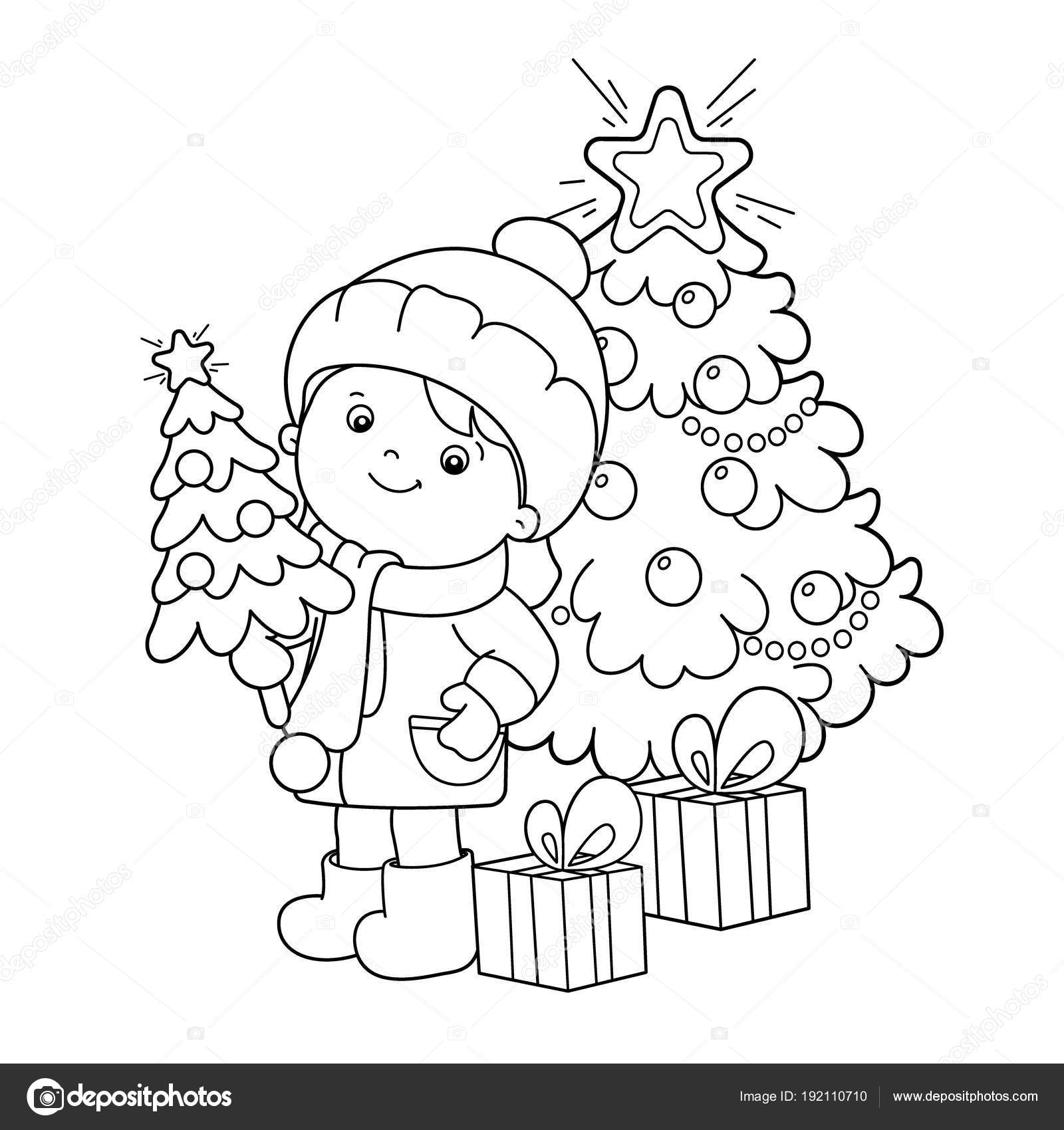 Coloring Page Outline Of girl with gifts at Christmas tree ...