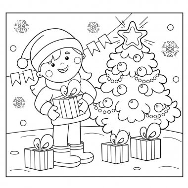 Boyama Sayfa anahat, kızla Noel ağacı, hediyeler. Noel. Yeni yıl. Çocuklar için boyama kitabı