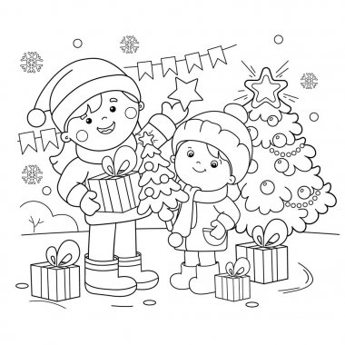 Sayfa anahat, çocuklar Noel ağacı, hediyeler ile boyama. Noel. Yeni yıl. Çocuklar için boyama kitabı