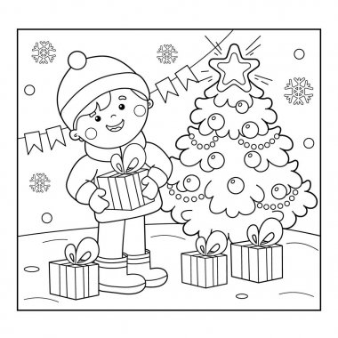 Boyama Çocuk Noel ağacı, hediyeler, sayfa anahat. Noel. Yeni yıl. Çocuklar için boyama kitabı