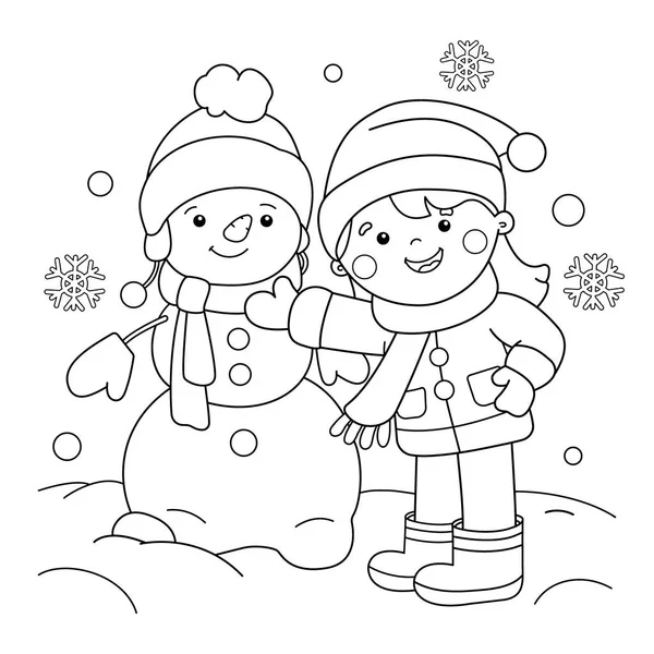 Coloring Page Outline Of cartoon girl making snowman. Winter. Coloring book for kids — Stock Vector