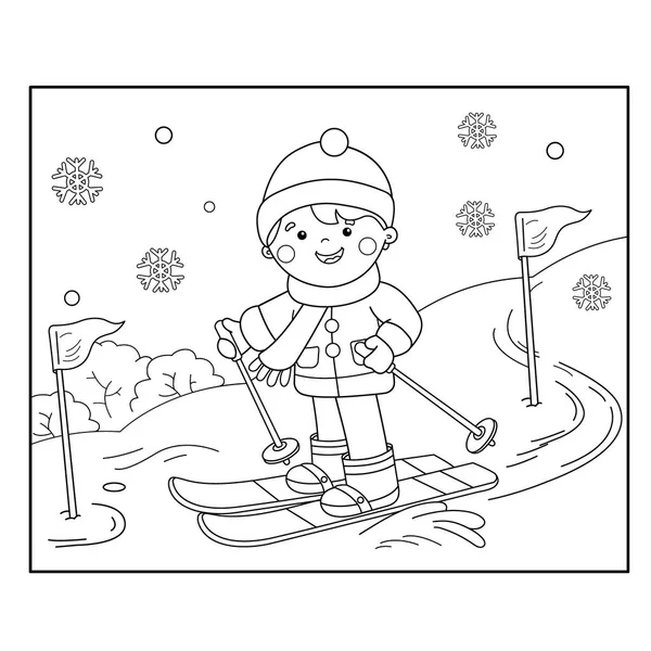 Kayak boyama sayfa anahat, çizgi film çocuk. Kış sporları. Çocuklar için boyama kitabı — Stok Vektör