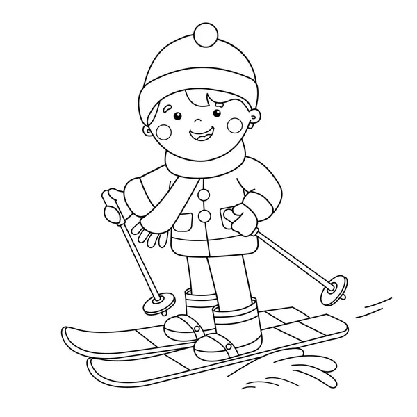 Zbarvení stránky osnovy z kreslený chlapec lyžování. Zimní sporty. Omalovánky pro děti — Stockový vektor