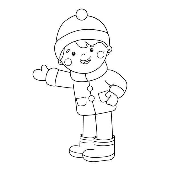 Coloring Page Outline of cartoon boy. Зима. Раскраска для детей — стоковый вектор