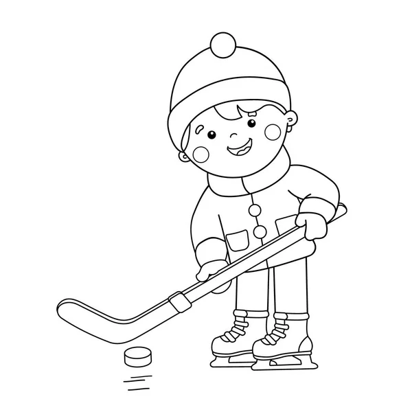 Malvorlage Umriss des Cartoon-Jungen, der Hockey spielt. Wintersport. Malbuch für Kinder — Stockvektor