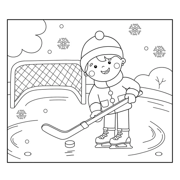 Színező oldalon vázlat a rajzfilm fiú játék hokizni. Téli sportok. Kifestőkönyv gyerekeknek — Stock Vector