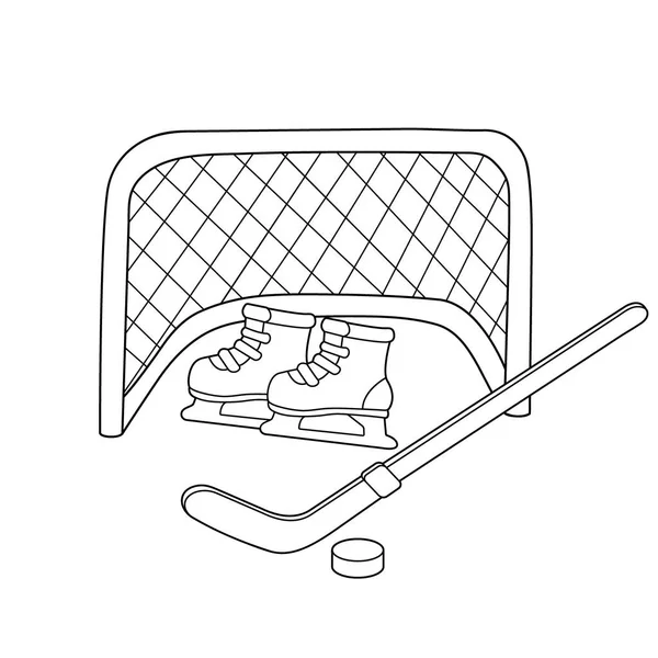 Jégkorong. A gördeszka. Hockey stick. Téli sportok. Kifestőkönyv gyerekeknek — Stock Vector