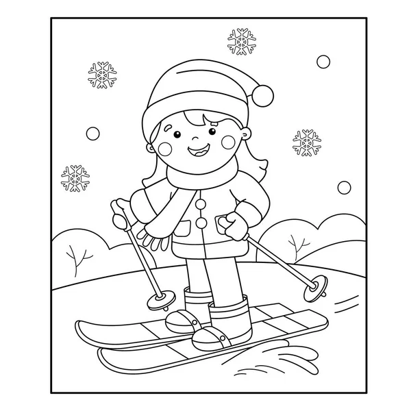 Zbarvení stránky osnovy z cartoon girl lyžování. Zimní sporty. Omalovánky pro děti — Stockový vektor