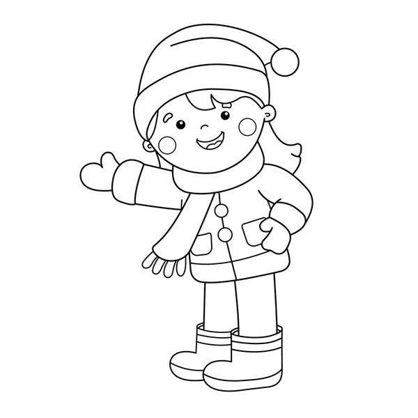 Página para colorear Esquema de la chica de dibujos animados. El invierno. Libro para colorear para niños — Vector de stock