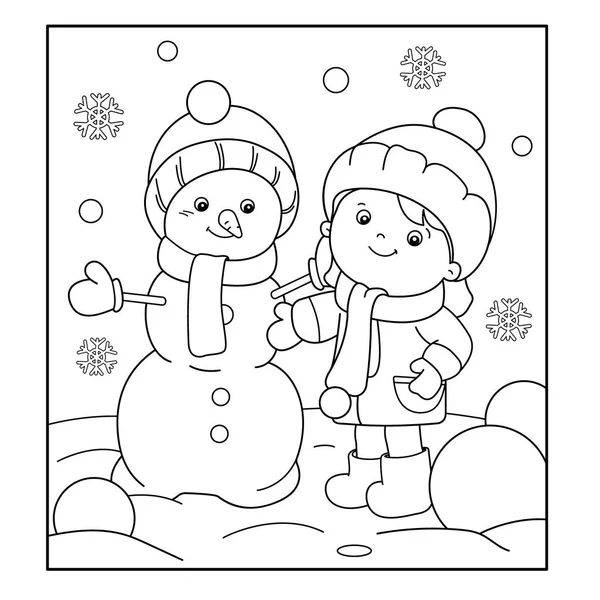 Desenho de página para colorir de menina dos desenhos animados fazendo boneco de neve. Inverno. Livro para colorir para crianças — Vetor de Stock