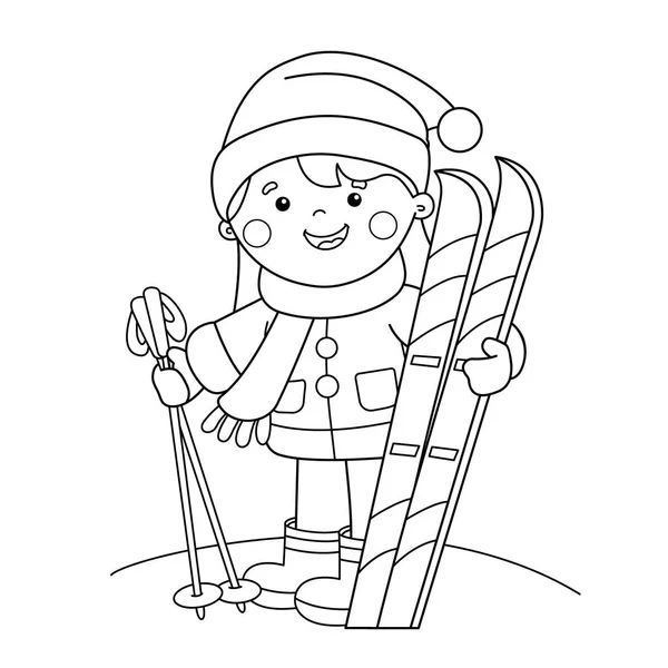 Coloriage Aperçu de la fille de dessin animé avec des skis. Sports d'hiver. Livre à colorier pour enfants — Image vectorielle