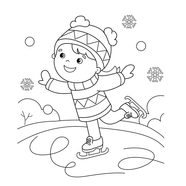 Desenho de página para colorir de desenho animado menina patinação. Desportos de Inverno. Livro para colorir para crianças —  Vetores de Stock