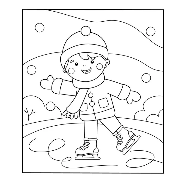 Página para colorear Esquema de dibujos animados niño patinaje. Deportes de invierno. Libro para colorear para niños — Vector de stock