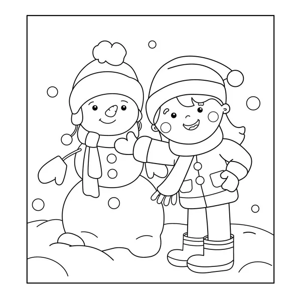 Coloring Page Outline Of cartoon girl making snowman. Winter. Coloring book for kids — Stock Vector