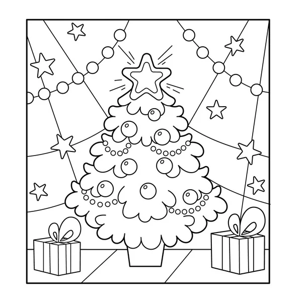 Kerstboom met versieringen en geschenken. Kerstmis. Nieuwjaar. Kleurboek voor kinderen. Kleurplaat — Stockvector