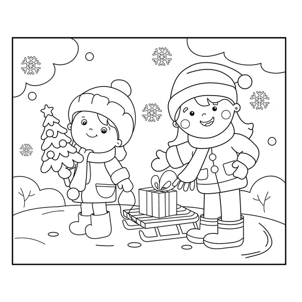 Página para colorear Esquema de niños con regalos en el árbol de Navidad. Navidad. Año nuevo. Libro para colorear para niños — Archivo Imágenes Vectoriales