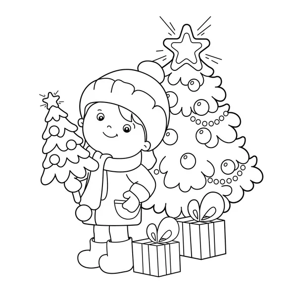 Coloriage Aperçu De fille avec des cadeaux à l'arbre de Noël. Noël. Nouvel an. Livre à colorier pour enfants — Image vectorielle