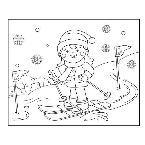 Coloring Page Outline Of cartoon girl skiing. Winter sports. Coloring book for kids — Stock Vector