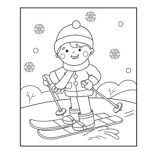 Desenho da página de colorir de esqui menino dos desenhos animados. Desportos de Inverno. Livro para colorir para crianças — Vetor de Stock