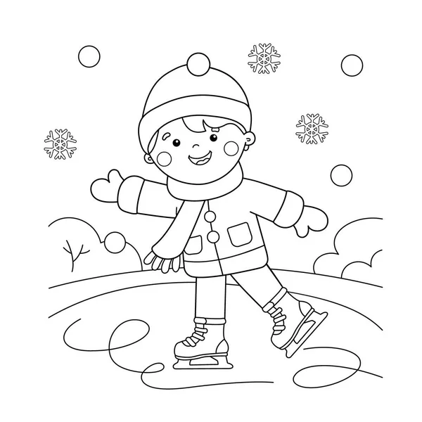 Coloriage Aperçu de dessin animé garçon patinage. Sports d'hiver. Livre à colorier pour enfants — Image vectorielle