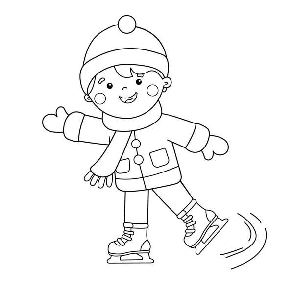 着色页轮廓的卡通男孩滑冰。冬季运动。着色书为孩子 — 图库矢量图片