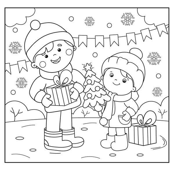 Kleurplaat pagina overzicht van kinderen met geschenken bij de kerstboom. Kerstmis. Nieuwjaar. Kleurboek voor kinderen — Stockvector