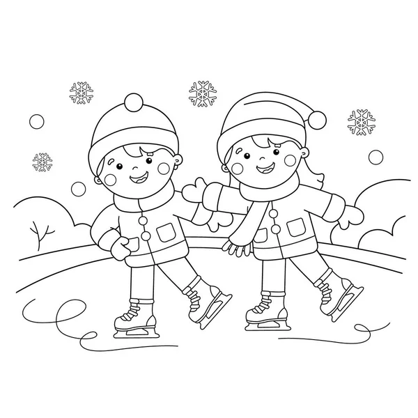 Página para colorear Esquema de niño de dibujos animados con niña patinaje. Deportes de invierno. Libro para colorear para niños — Archivo Imágenes Vectoriales