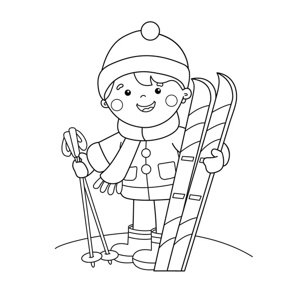 Barevné stránky osnovy z kreslené chlapce s lyžemi. Zimní sporty. Omalovánky pro děti — Stockový vektor