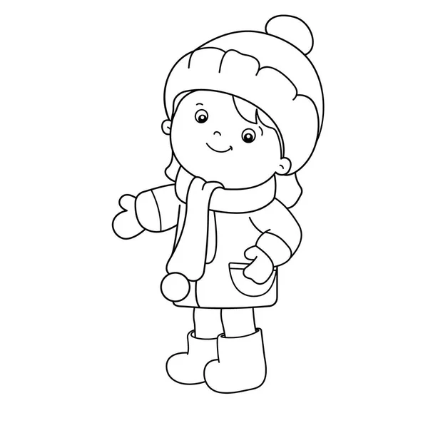 Página para colorear Esquema de la chica de dibujos animados. El invierno. Libro para colorear para niños — Vector de stock
