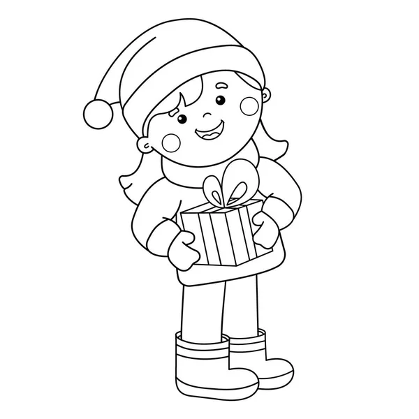 Coloriage contour de fille avec des cadeaux. Noël. Nouvel an. Livre à colorier pour enfants — Image vectorielle