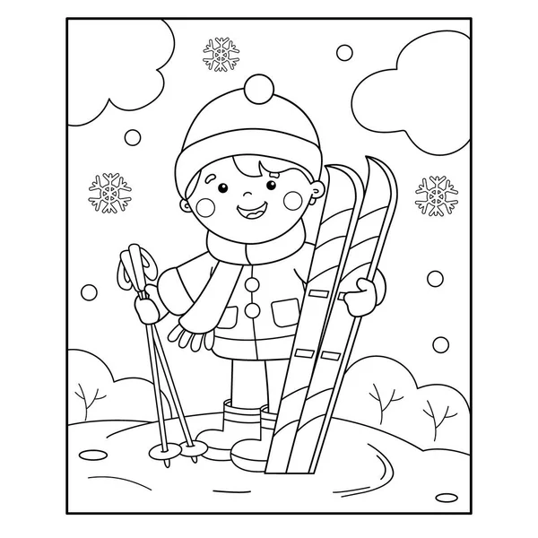 Desenho da página de colorir do menino dos desenhos animados com esquis. Desportos de Inverno. Livro para colorir para crianças — Vetor de Stock
